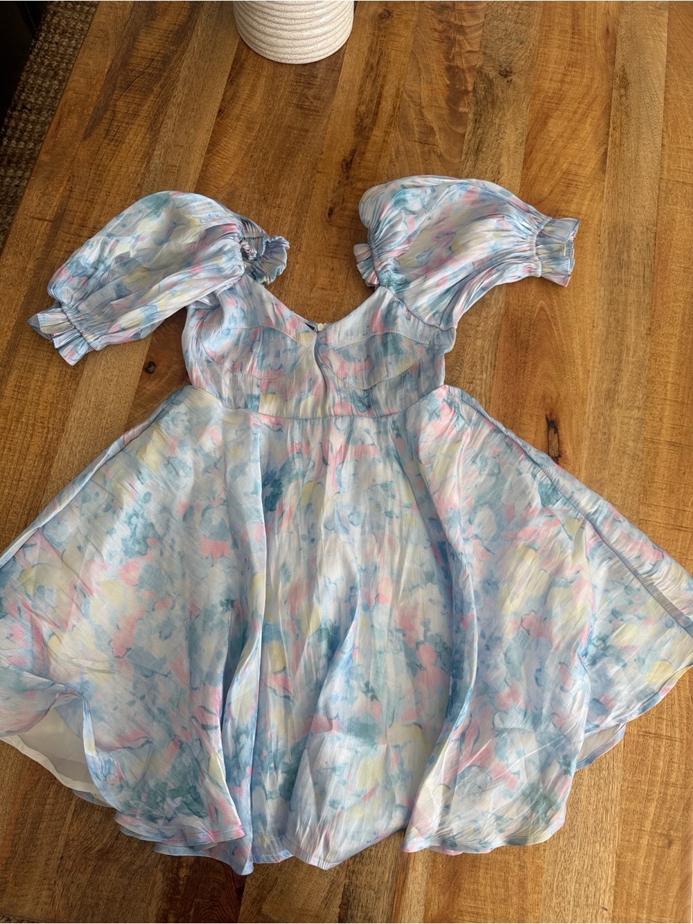 Fashion Nova Pastel Watercolor Puff-Sleeve Mini Dress